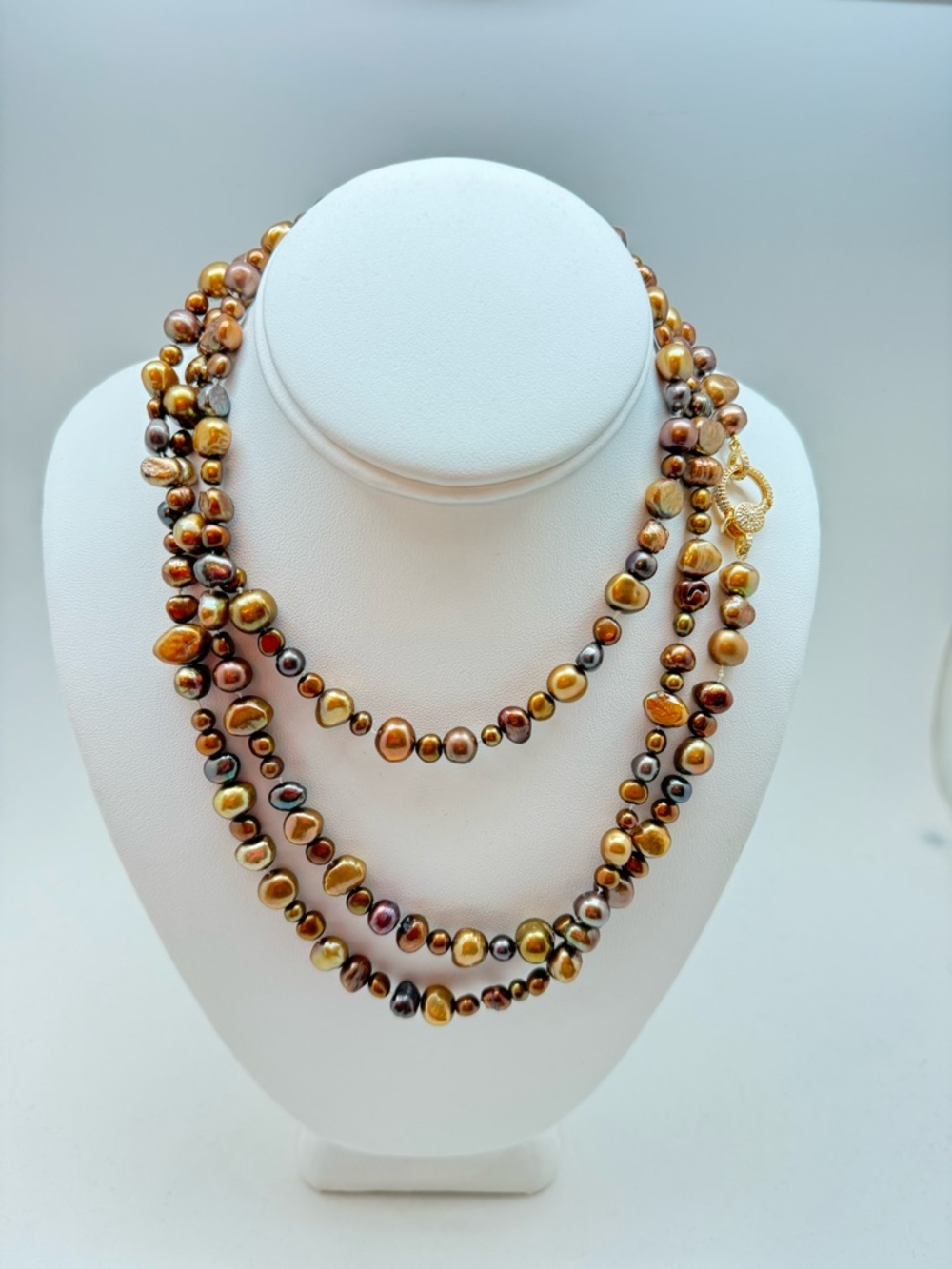 Elegant Multi Freshwater Light Coffee 54” Pearl Necklace, Diamond Vermeil